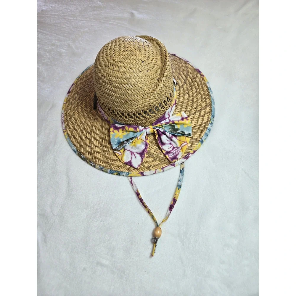 Straw Sun Hat‎ Wide Brim Floral Bow Trim Medium Vacation Beach Resortwear